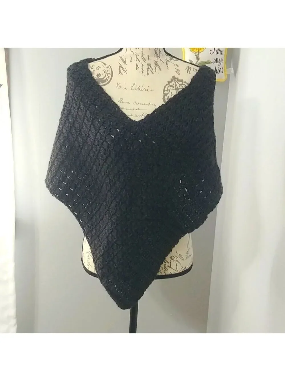 Handmade Crocheted Warm Simple Dark Grey Poncho S/M